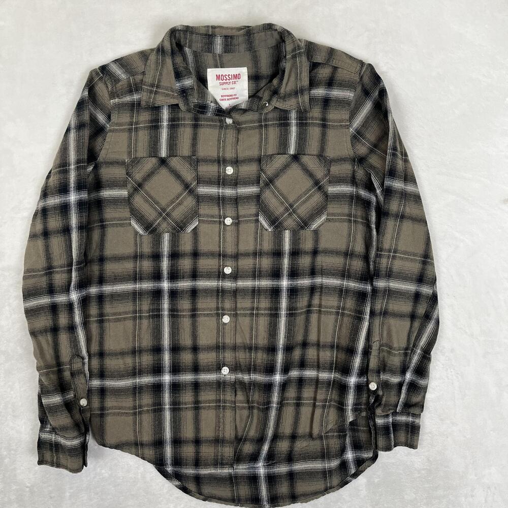 Mossimo Supply Co Shirt Womens Small Brown Plaid Flannel Long Sleeve Boyfriend